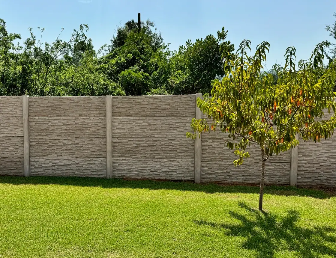 Muro pré-moldado em betão com textura de pedra num quintal com árvores de fruto