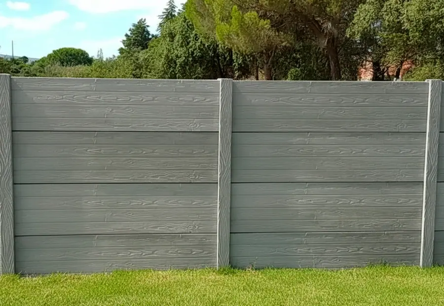 Muro de betão cinzento com textura de madeira num jardim
